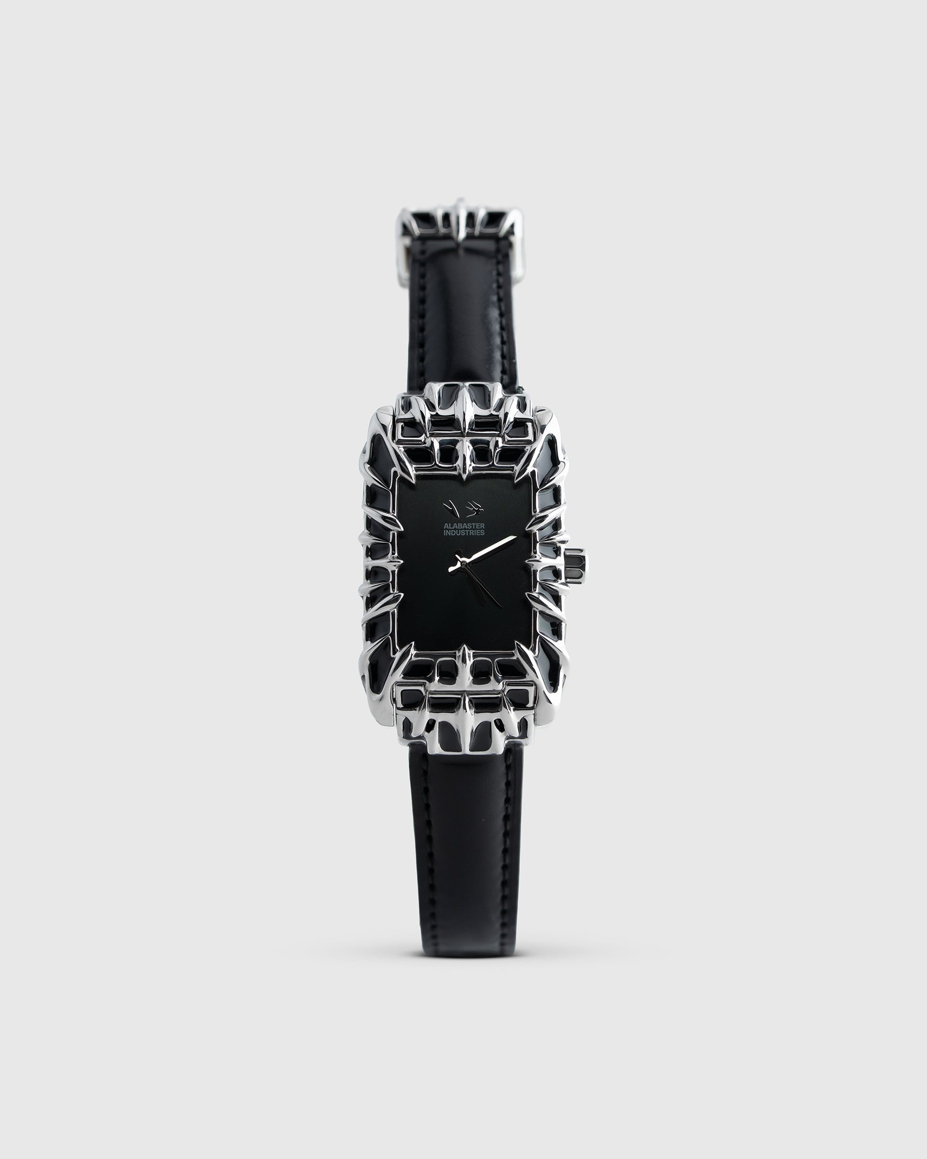 Black Enamel Silver Thistle Black Leather Strap